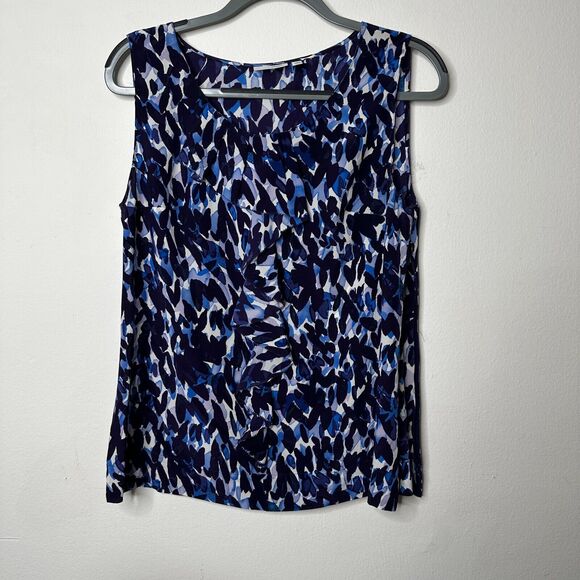 Halogen Flowy 100% Silk Blue White Abstract Sleeveless Scoop Neck Blouse Medium - Picture 11 of 11